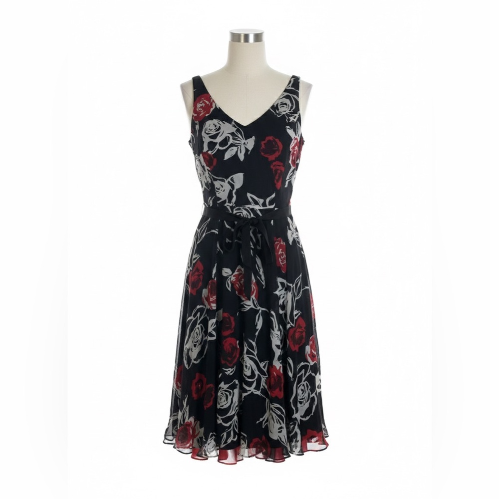 Hobbs London 100% Silk Fit & Flare Rose Print Dress w/ Waist Tie - US 8